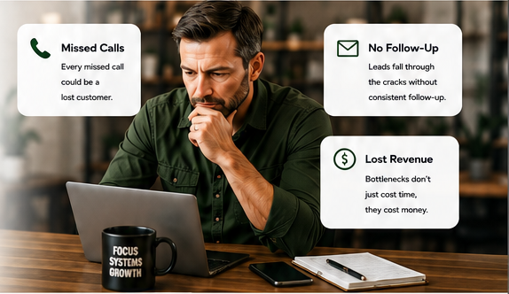 Business owner focused on growth, with floating cards showing common bottlenecks: Missed Calls, No Follow-Up, Lost Revenue